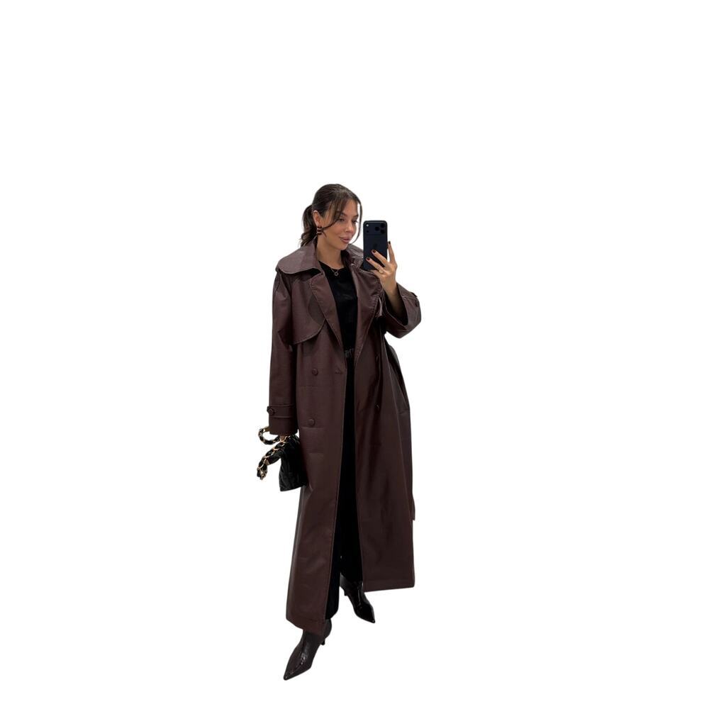 NWT Hot Fashion Burgundy Faux Leather Trench Coat Belted Long Coat One Size - Picture 2 of 11